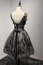V Neck Short Black Lace Homecoming Prom Dress, Short Prom Dresses
