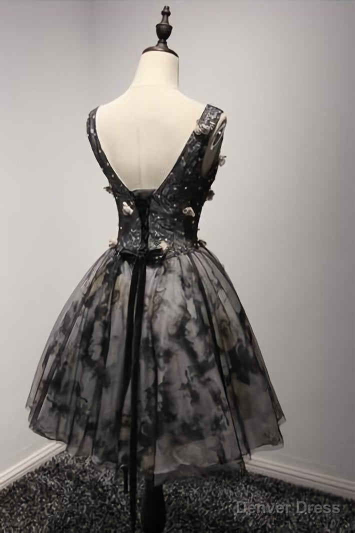 V Neck Short Black Lace Homecoming Prom Dress, Short Prom Dresses