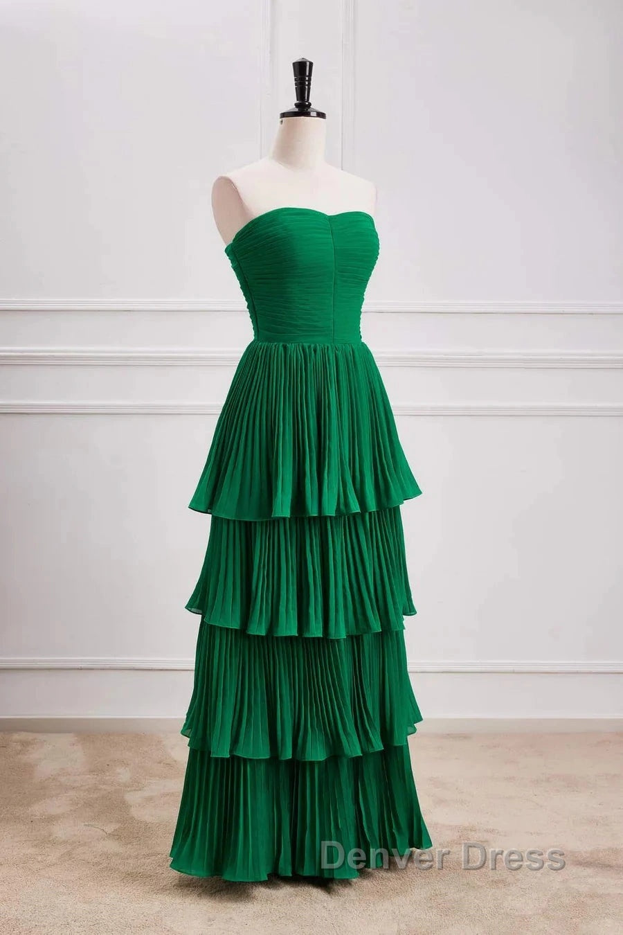 Hunter Green A-Line Chiffon Strapless Layers Long Prom Dresses Formal Evening Dresses