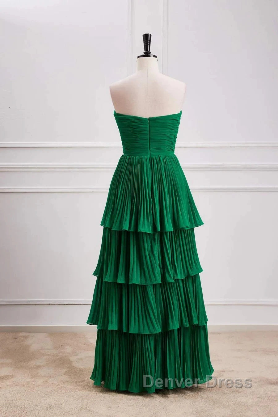 Hunter Green A-Line Chiffon Strapless Layers Long Prom Dresses Formal Evening Dresses
