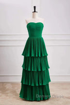 Hunter Green A-Line Chiffon Strapless Layers Long Prom Dresses Formal Evening Dresses