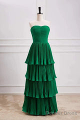 Hunter Green A-Line Chiffon Strapless Layers Long Prom Dress Formal Evening Dress