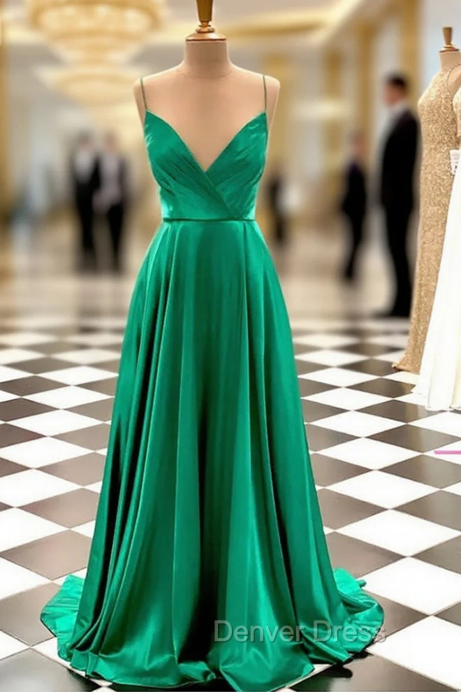 Hunter Green Prom Dresses, A-line V Neck Spaghetti Straps Sweep Train Charmeuse Prom Dresses With Pleated Main image