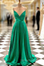 Hunter Green Prom Dress, A Line V Neck Spaghetti Straps Sweep Train Charmeuse Prom Dresses With Pleated