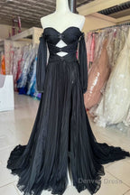 Hunter Green Rhinestones Strapless A Line Prom Dresses with Sleeves