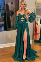 Hunter Green Rhinestones Strapless A Line Prom Dresses with Sleeves