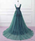 Hunter Green Tulle V Neckline Long Prom Dress, Dark Green A Line Prom Dresses