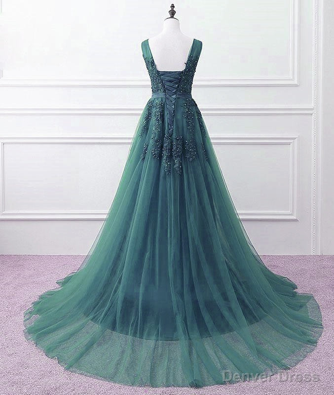 Hunter Green Tulle V Neckline Long Prom Dress, Dark Green A Line Prom Dresses
