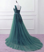Hunter Green Tulle V-neckline Long Party Dress, Dark Green A-line Prom Dress
