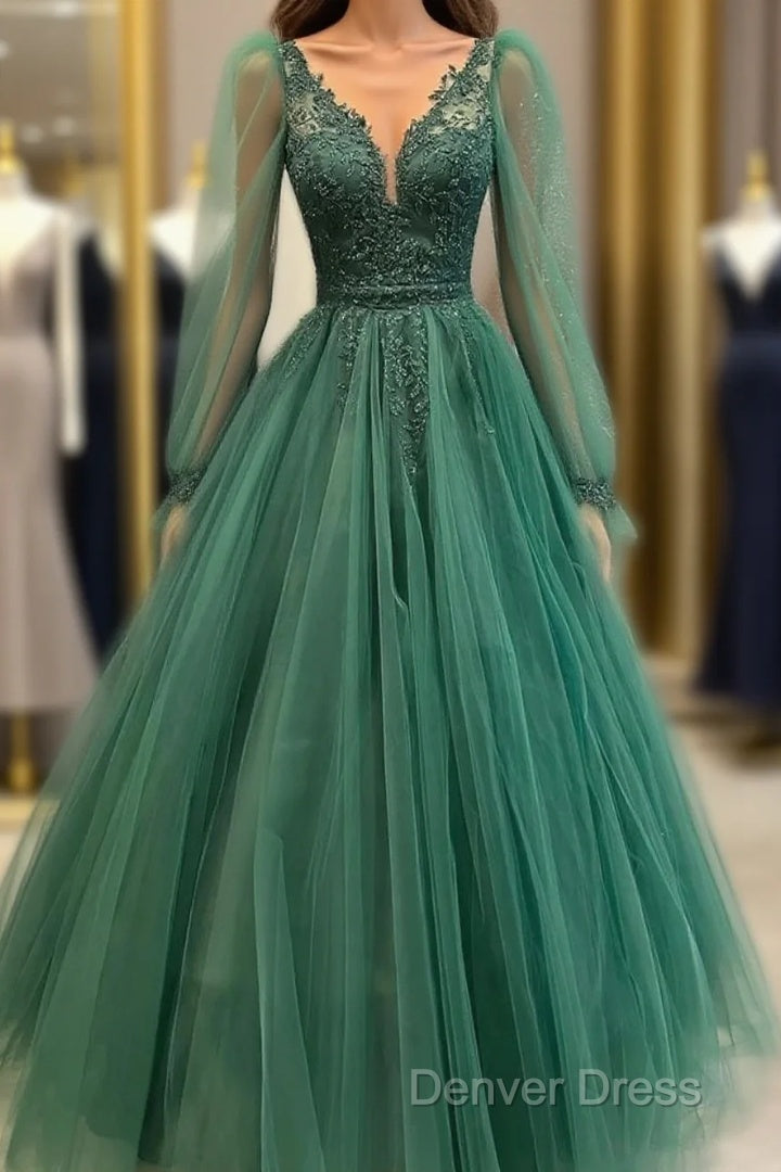 Hunter Green V Neckline Tulle With Lace Applique Prom Dress, Green Prom Dresses