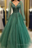 Hunter Green V Neckline Tulle With Lace Applique Prom Dress, Green Prom Dresses