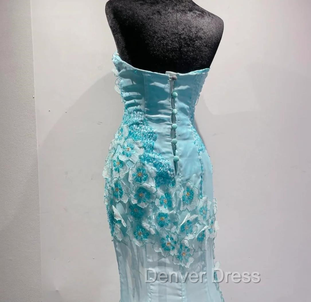 Ice Blue Ombre Mermaid Strapless Chiffon Long Wedding Dress With Appliques And Beading Prom Dresses