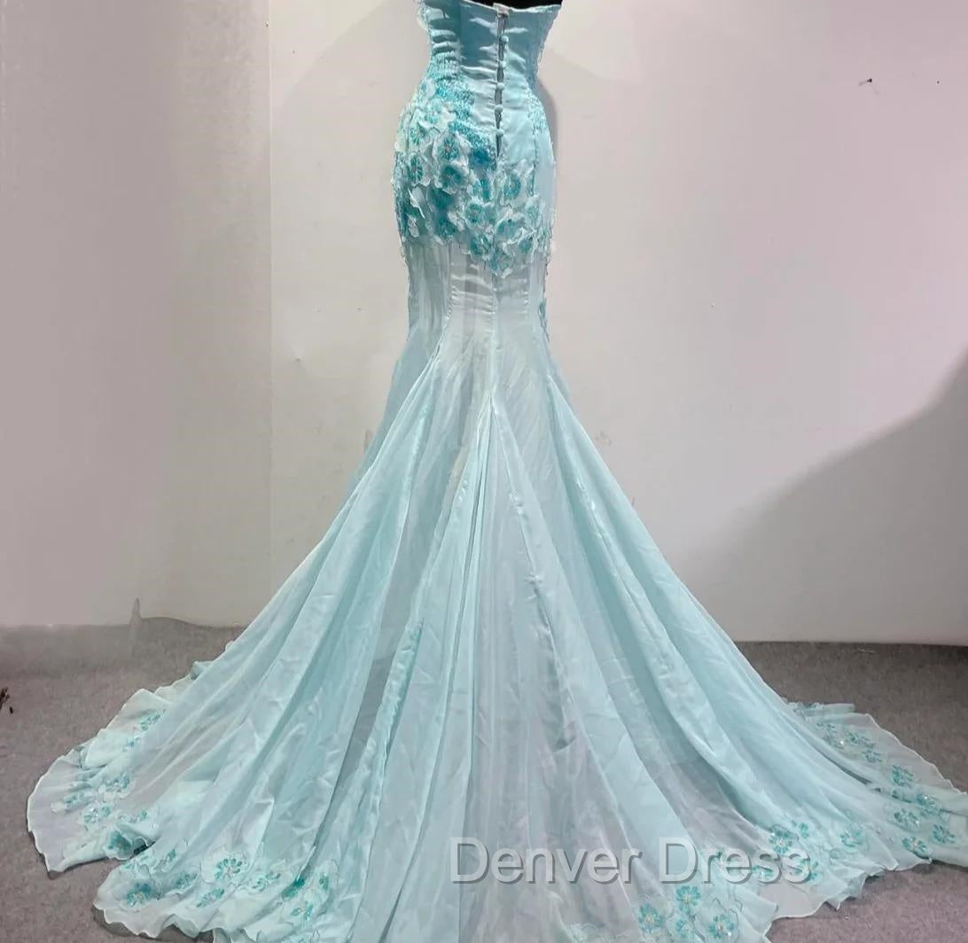 Ice Blue Ombre Mermaid Strapless Chiffon Long Wedding Dresses With Appliques And Beading Formal Prom Dresses