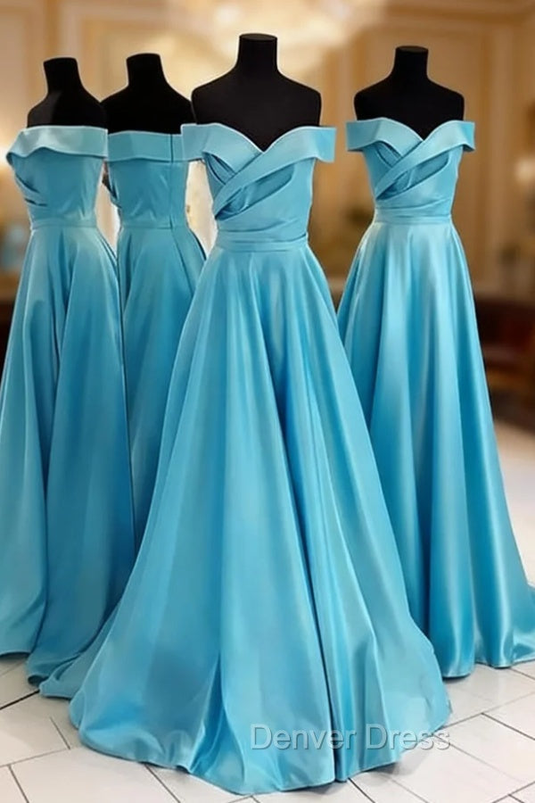 Ice Blue Prom Dress, A Line Off The Shoulder Sleeveless Sweep Train Satin Prom Dresses Main image