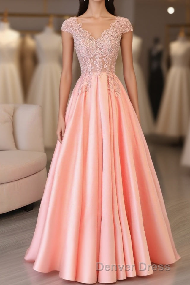 Custom Made V Neck Lace Long Prom Dresses, Lace Evening Dresses Main image