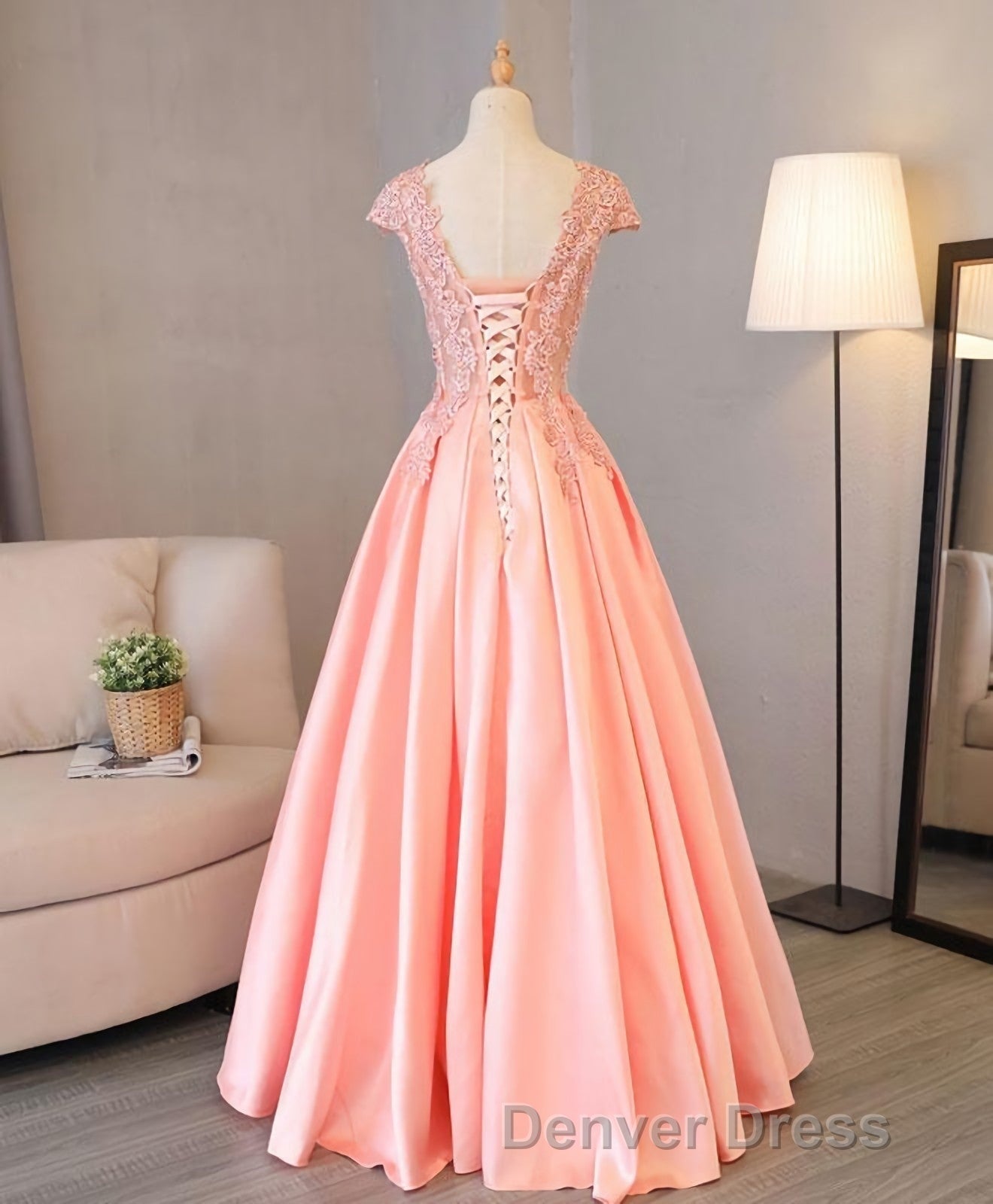 Custom Made V Neck Lace Long Prom Dresses, Lace Evening Dresses