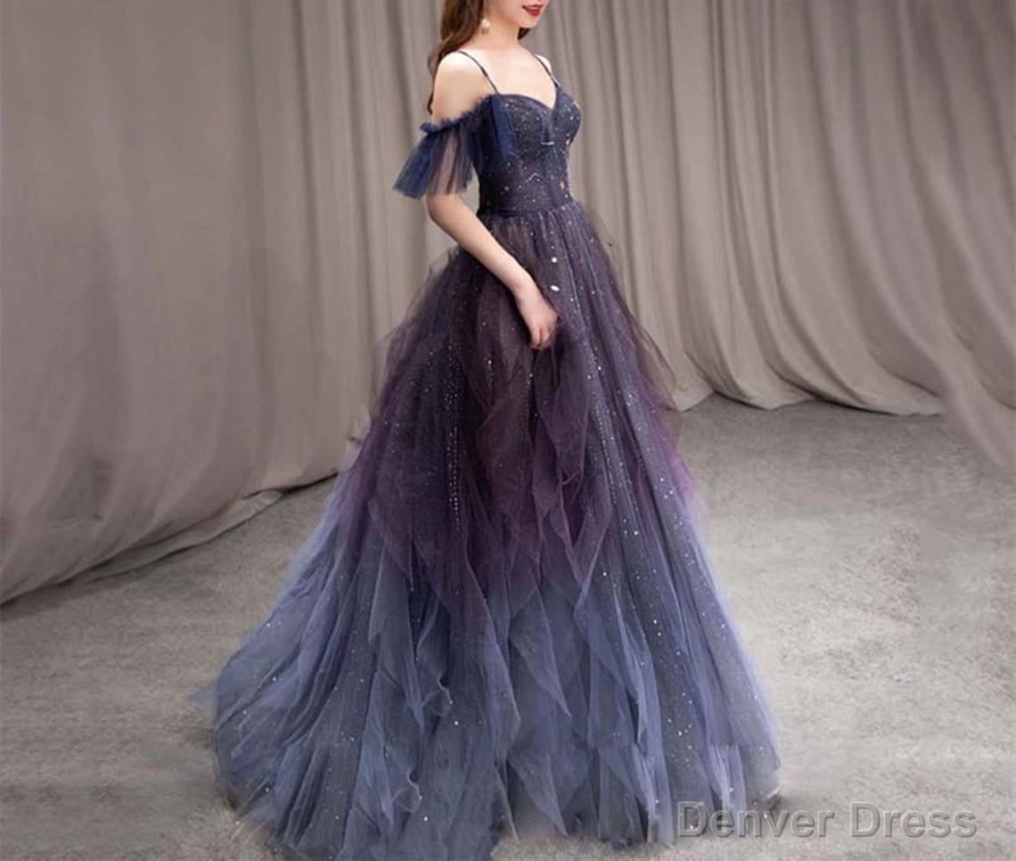 Gradient Starry Slip Fairy Prom Dress,Off Shoulder Tulle Fairy Prom Dresses