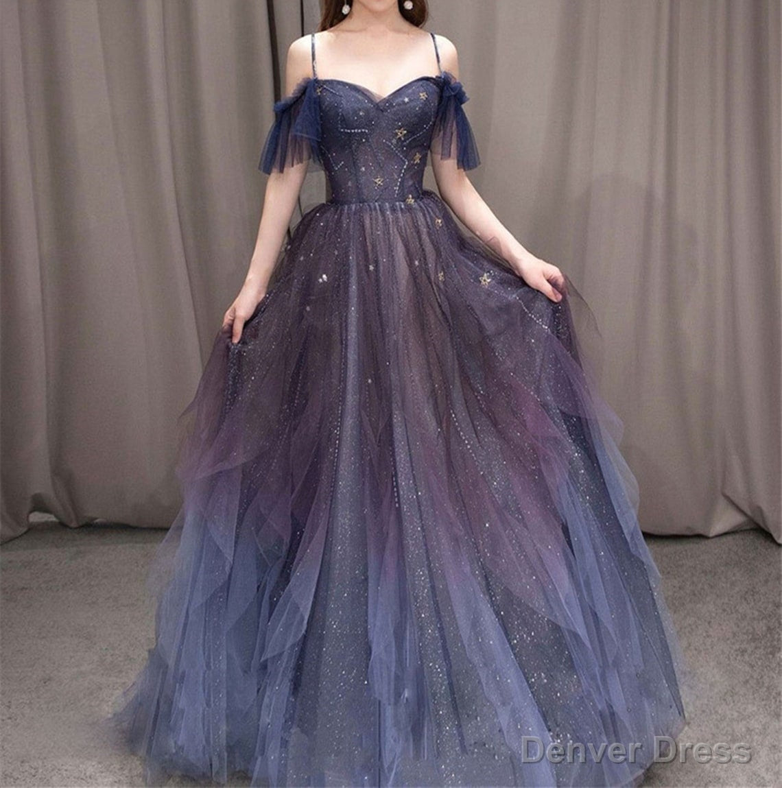 Gradient Starry Slip Fairy Prom Dress,Off Shoulder Tulle Fairy Prom Dresses