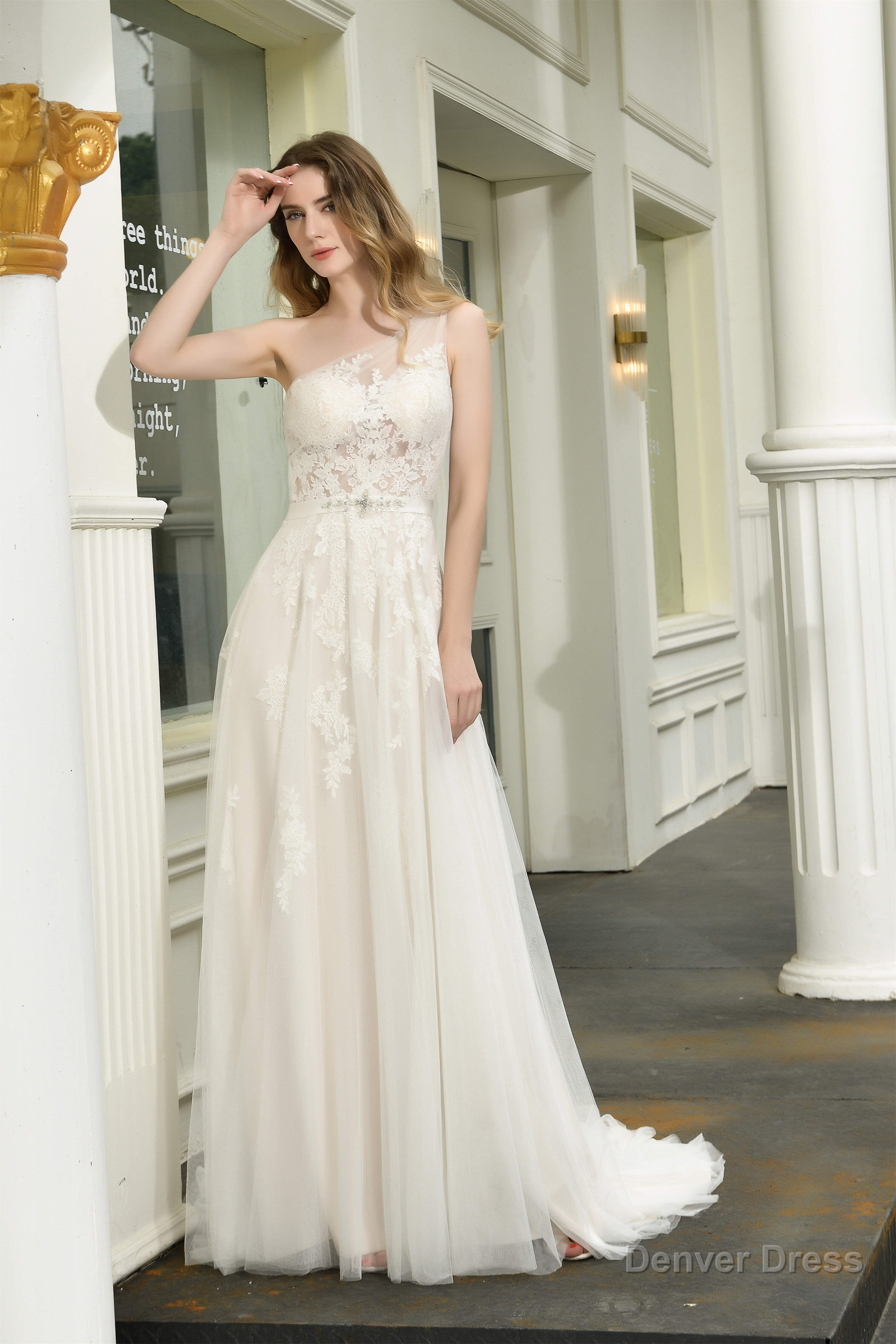 Illusion Lace One Shoulder Tulle Wedding Dresses With Sweep Train Secondary image
