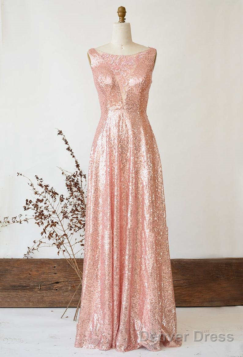 Illusion Lace V Neck Gose Gold Sequined Bridesmaid Dresses Main image