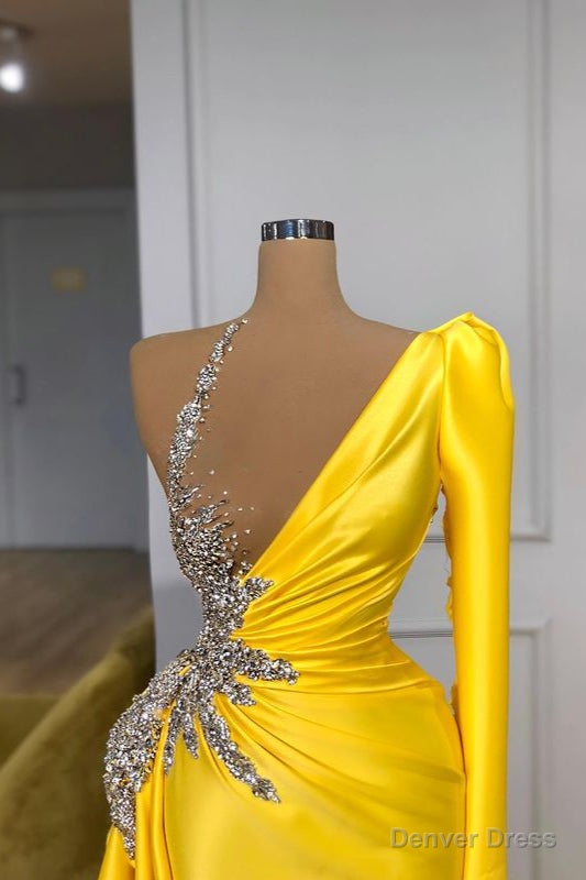 Illusion neck Bright Yellow One shoulder Bubble Sleeves Prom Dresses
