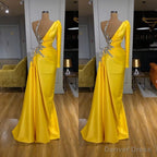 Illusion neck Bright Yellow One shoulder Bubble Sleeves Prom Dresses