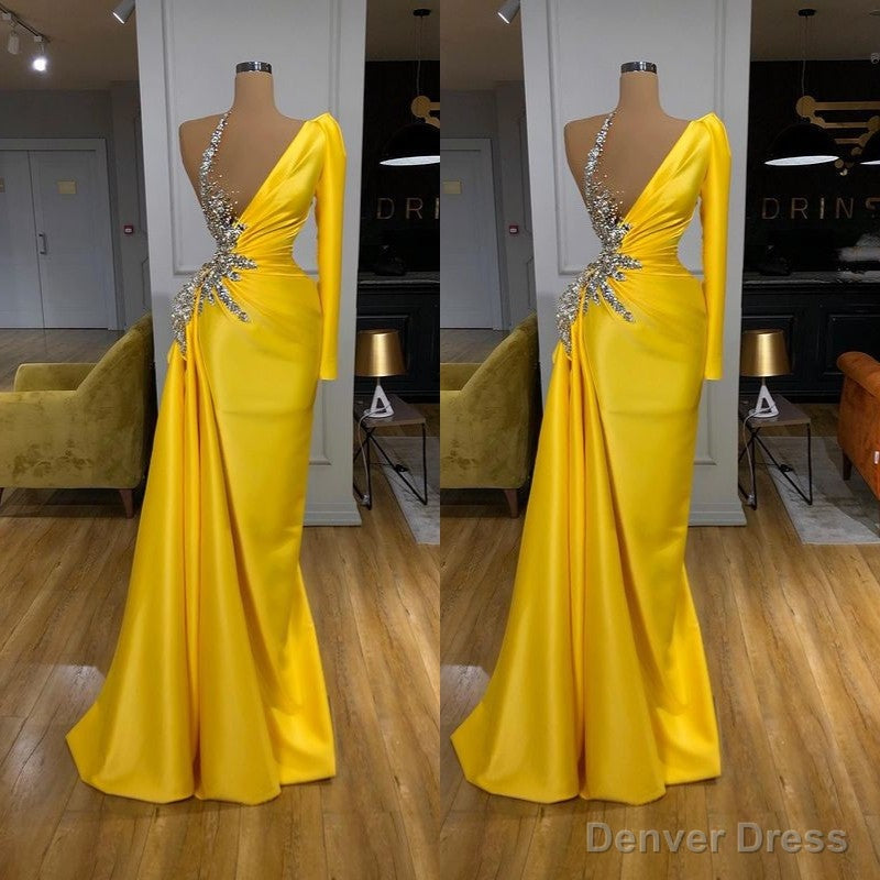 Illusion neck Bright Yellow One shoulder Bubble Sleeves Prom Dresses