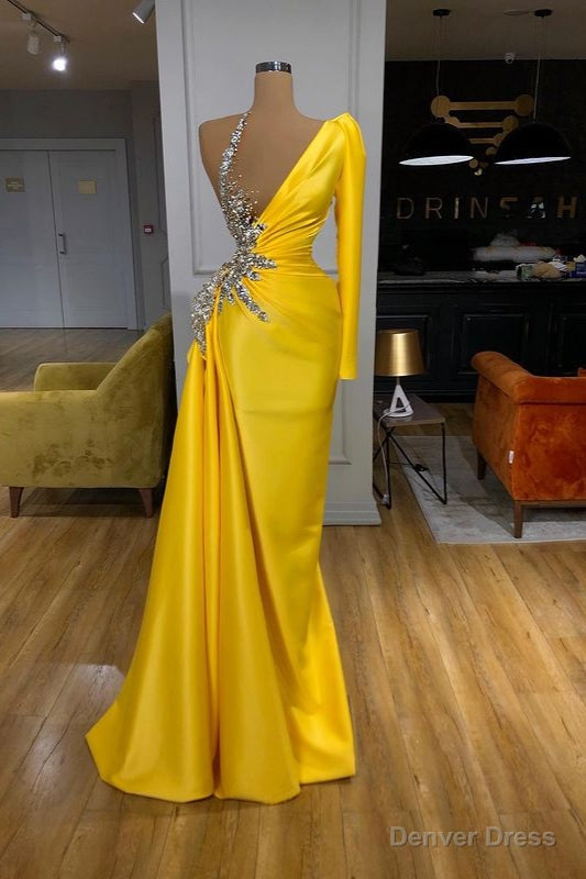 Illusion neck Bright Yellow One shoulder Bubble Sleeves Prom Dresses Main image