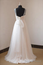 Illusion Neckline Lace Appliques Ivory Tulle Beach Wedding Dresses
