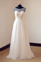 Illusion Neckline Lace Appliques Ivory Tulle Beach Wedding Dresses