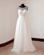 Illusion Neckline Lace Appliques Tulle Beach Wedding Dress