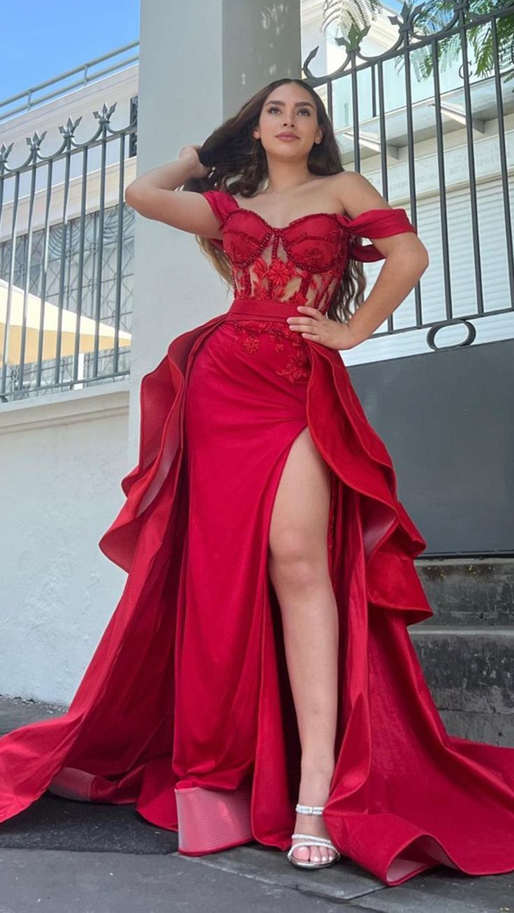 Illusion Off The Shoulder Red Floral Beaded Prom Dresses Secondary image