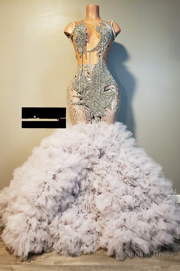 Silver Sleeveless Mermaid Prom Dresses Ruffles With Beadings Main image