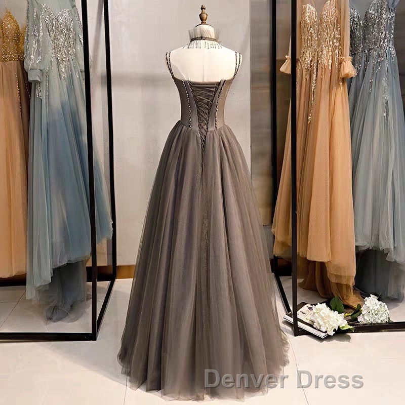 A-Line Prom Dresses Open Back Dresses Formal Wedding Party Floor Length Sleeveless Spaghetti Strap Tulle with Pleats