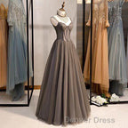 A Line Prom Dress Open Back Dresses Prom Wedding Prom Floor Length Sleeveless Spaghetti Strap Tulle with Pleats