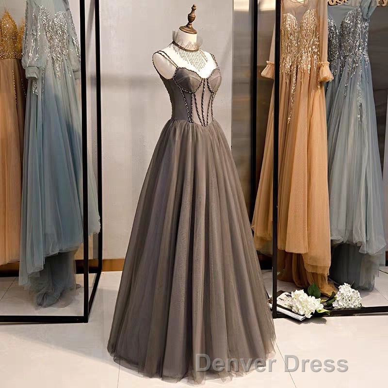 A Line Prom Dress Open Back Dresses Prom Wedding Prom Floor Length Sleeveless Spaghetti Strap Tulle with Pleats