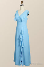 Blue Chiffon Ruffles Long Bridesmaid Dresses