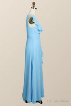 Blue Chiffon Ruffles Long Bridesmaid Dresses