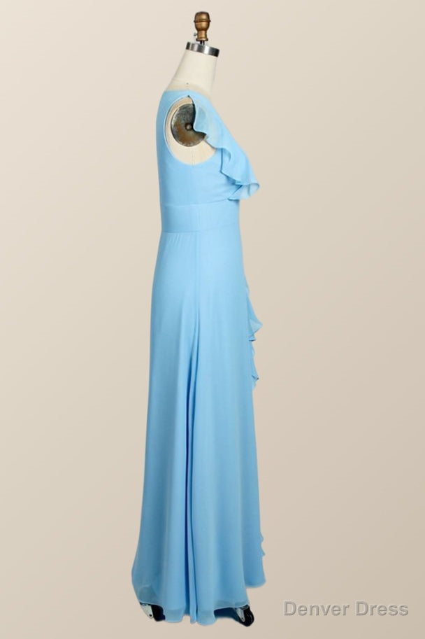 Blue Chiffon Ruffles Long Bridesmaid Dresses