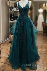 Ink Blue Prom Dresses, A-line V Neck Sleeveless Lace Tulle Long/Floor-Length Prom Dresses With Beading