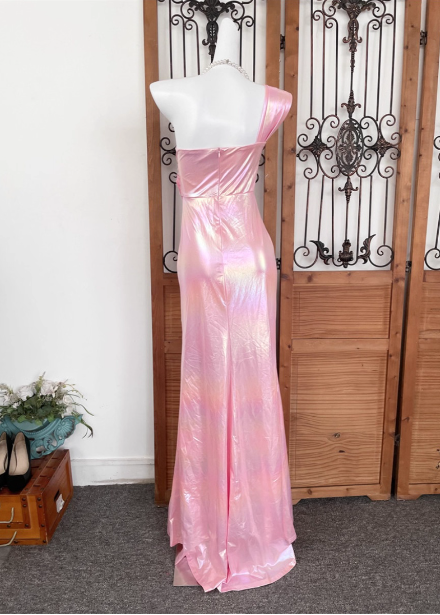 Iridescent Pink Mermaid One-Shoulder 3D Floral Slit Satin Long Prom Dresses Evening Dresses Secondary image
