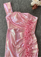 Iridescent Pink Mermaid One-Shoulder 3D Floral Slit Satin Long Prom Dresses Evening Dresses