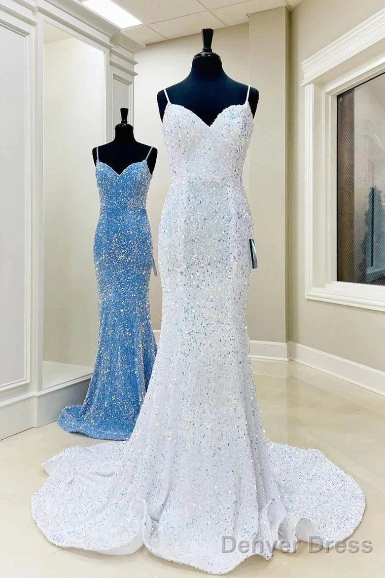 Iridescent Sequin White Prom Dress Mermaid Long Prom Dresses Spaghetti Straps Secondary image