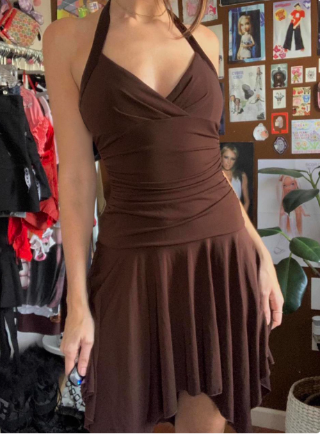 Irregular Halter Neck V-Neck Brown Waisted Birthday Short Skirt Homecoming Dresses Main image