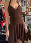 Irregular Halter Neck V-Neck Brown Waisted Birthday Short Skirt Homecoming Dresses