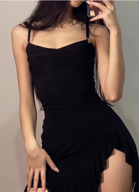 Irregular Slit Black Sling Waist Hip Birthday Short Skirt Homecoming Dresses