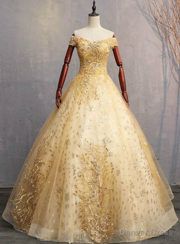 Is Now Available. Gold Ball Gown Tulle Appliques Sequins Off the Shoulder Quinceanera Dress Main image