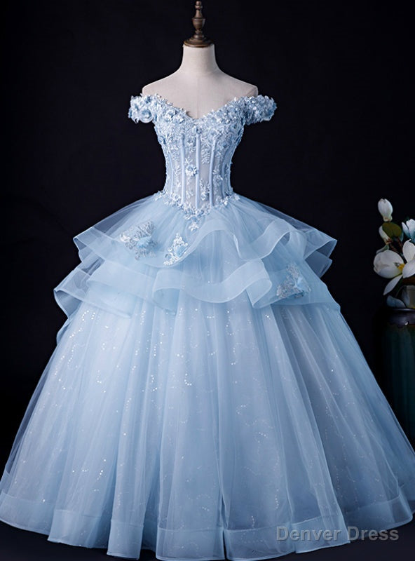 Is Now Available. Sky Blue Ball Gown Tulle Off the Shoulder Appliques Quinceanera Dress Main image