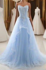 A-Line Sexy Floral Engagement Prom Birthday Dresses Strapless Sleeveless Sweep / Brush Train Lace with Pleats Lace Insert