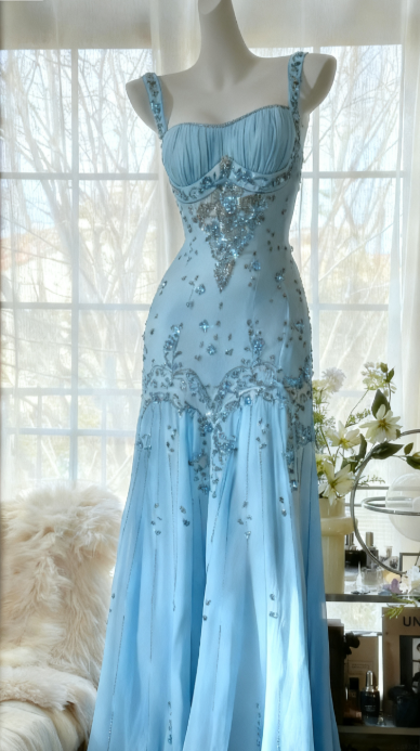 Ivory A Line Straps Beaded Chiffon Long Prom Dress Graduation Prom Dresses